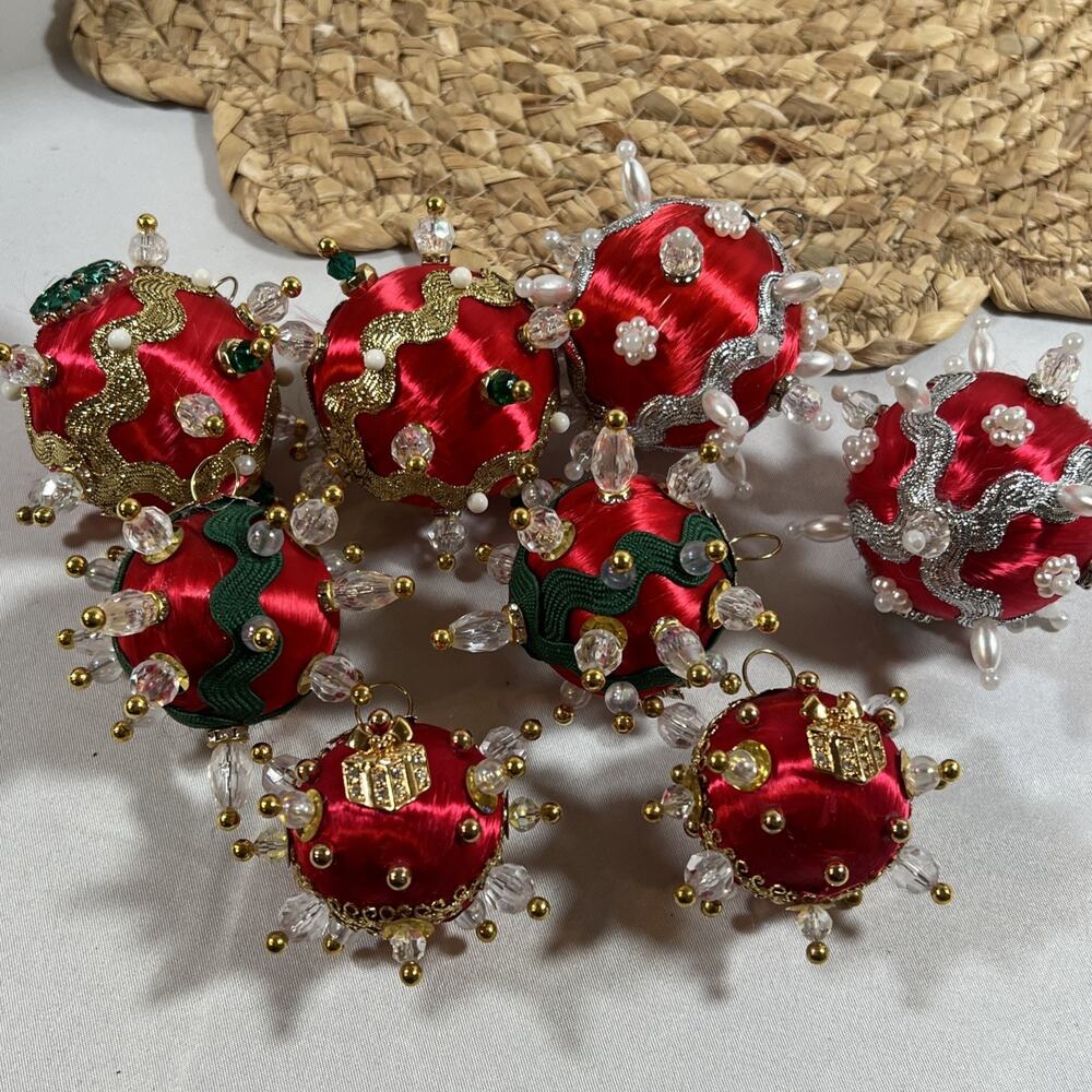 Lot 24 Small Glass & Push Pin Satin Ball Christmas Ornaments Vintage Handmade - Picture 10 of 15